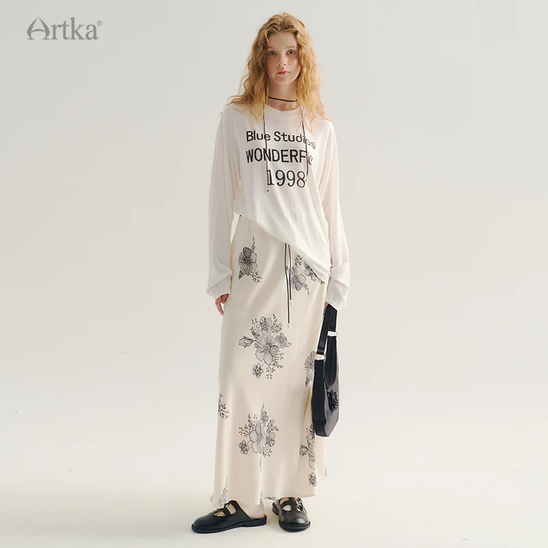 ARTKA 2024 Early Autumn New Women Skirt Fashion Designer Flower Print Long Skirt Elastic High Waist Straight Skirts QA92540Q