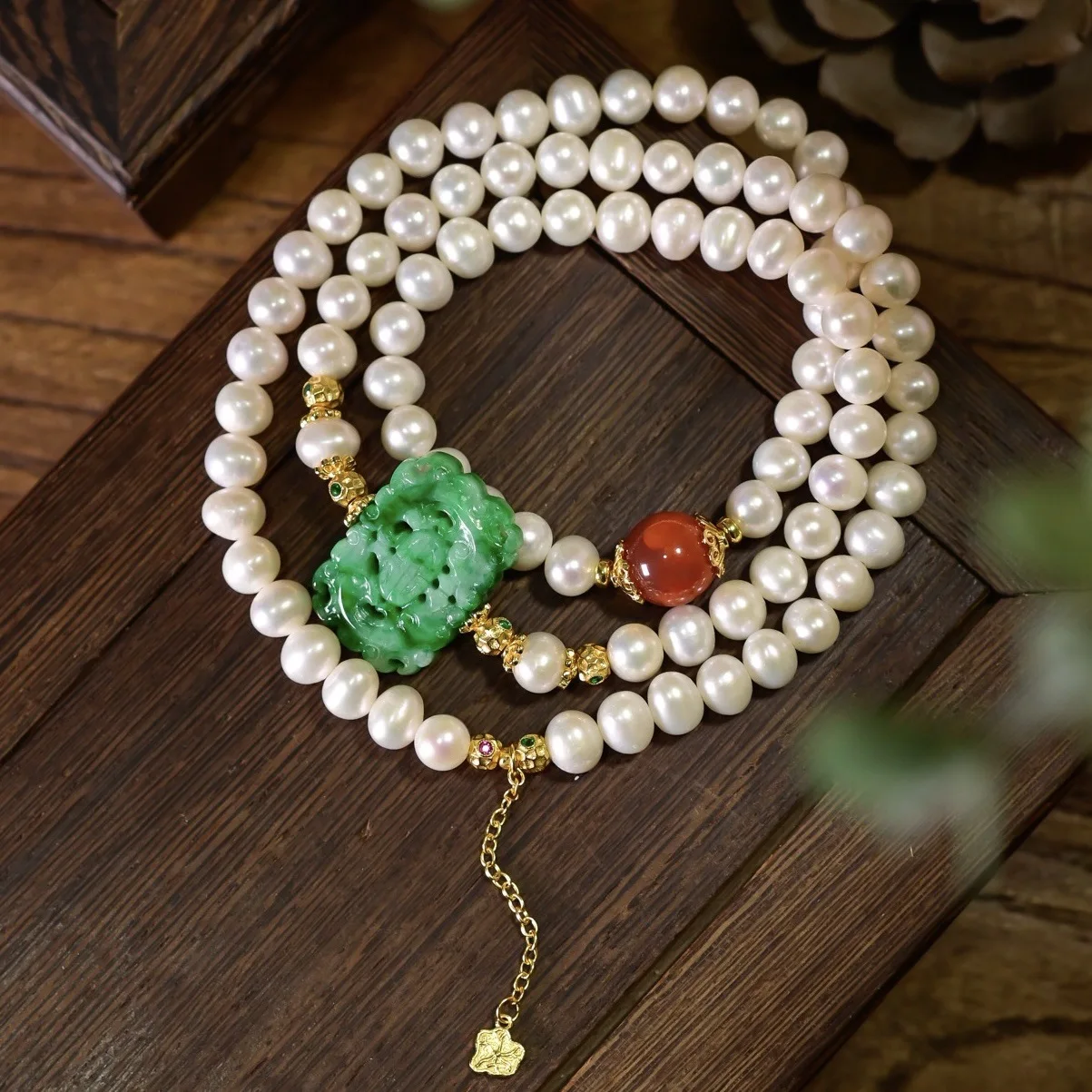 Natural Freshwater Pearl Bracelet Grade A Green Hollow Jadeite Nanhong Agate Gold Plated S925 Silver Chinese Women Wrist Jewelry