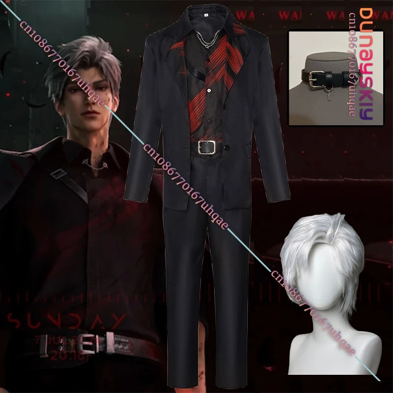 Sylus cosplay traje jogo amor e espaço profundo rpg roupas preto vermelho masculino ternos uniforme com perucas brancas cinto colar conjunto