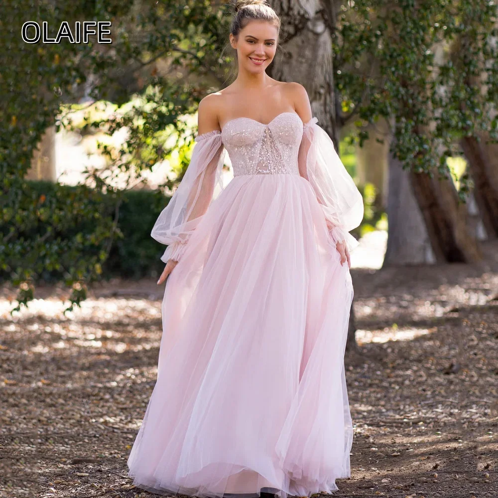 

Элегантное вечернее платье трапециевидной формы из тюля с открытыми плечами и шнуровкой, вечернее платье на заказ с длинными рукавами и блестками, со шлейфом, вечернее платье