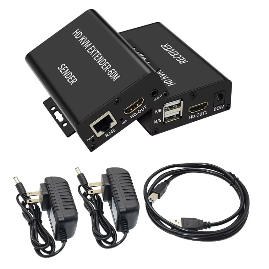 HDMI KVM Extender Over Rj45 Cat6 Cable 60M Video Transmitter and Receiver for USB Keyboard and Mouse PS4 Camera PC To TV Monitor