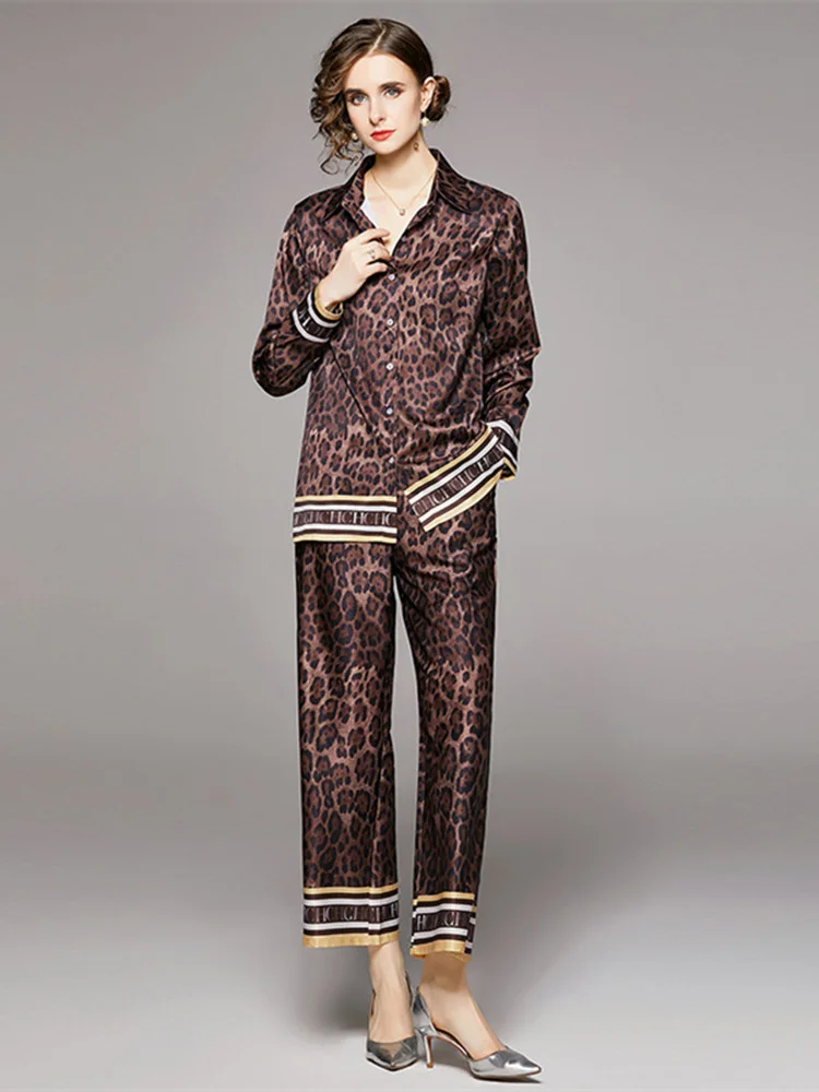 Spring Summer Leopard Print Silk Two Piece Suit Women's Long Sleeve Oversized Shirt Blouse + Ankle Wide Leg Pants Set Outfits