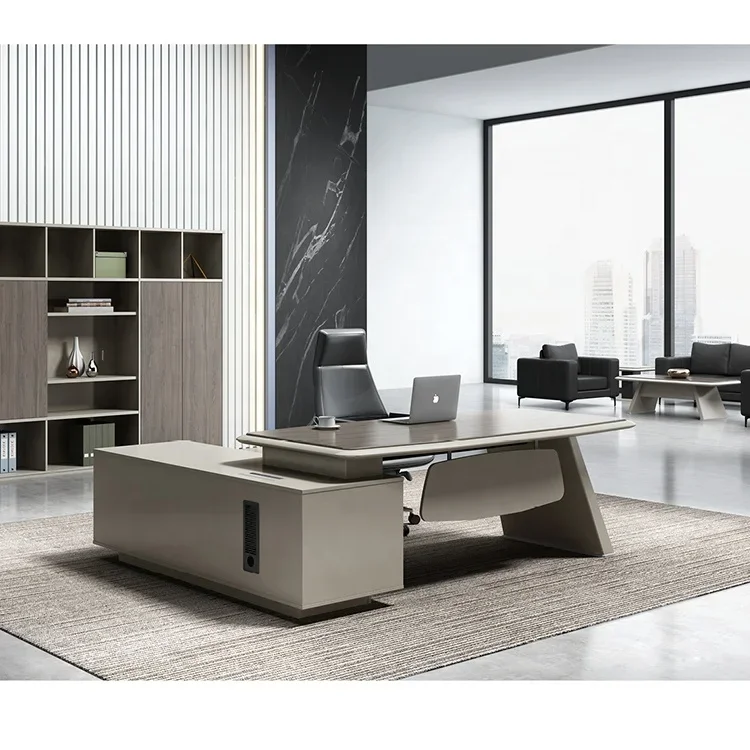 

modern MDF CEO manager computer office table Foshan latest L shape executive office desk with Storage Shelves