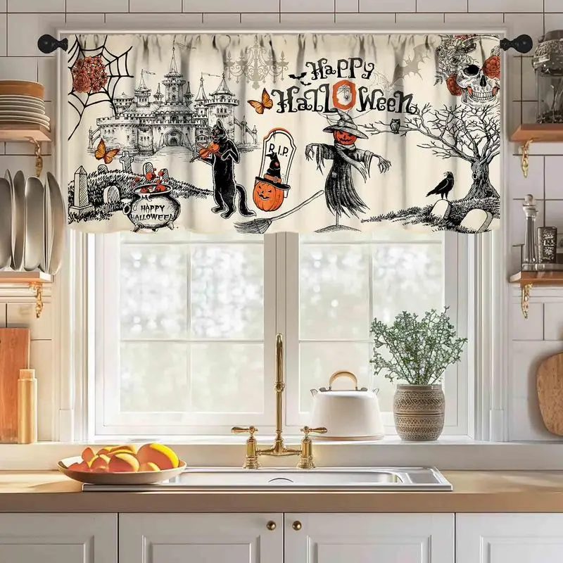 VIKAMA Black White Plaid Border Pumpkin Tree Leaf Autumn Christmas Short Window Curtain Rustic Fall Harvest Home Decor Charming