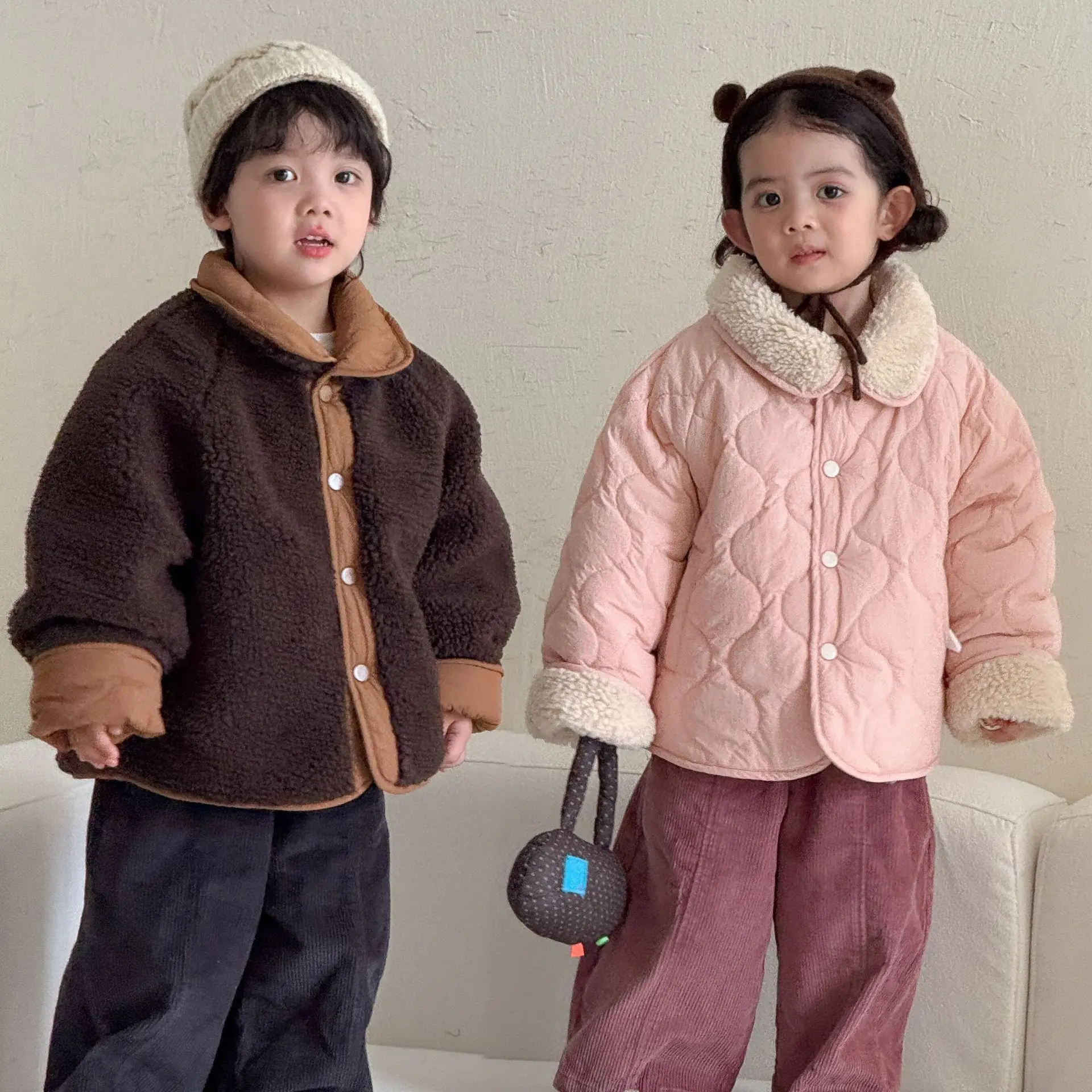 2026 Winter New Children Plus Velvet Thick Warm Coat Girls Reversible Cardigan Boys Cotton Padded Jacket Kids Outfits