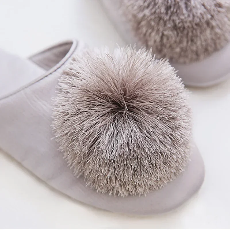 Women Satin Slippers House Elegant Tassel Hairball Comfortable Cloth Chic Ladies Flat Shoes Spring Luxury Champagne Women Slides