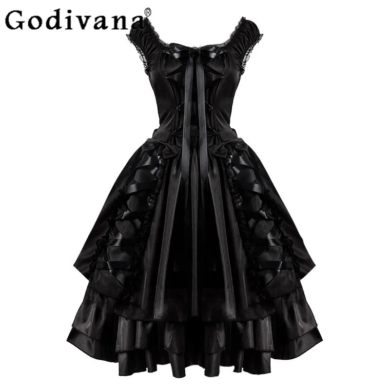 

Classic Black Vintage Lace-Up Gothic Elegant Bow Dress Spring Summer Maid Uniform High Waist A-line Halloween Cosplay Dresses