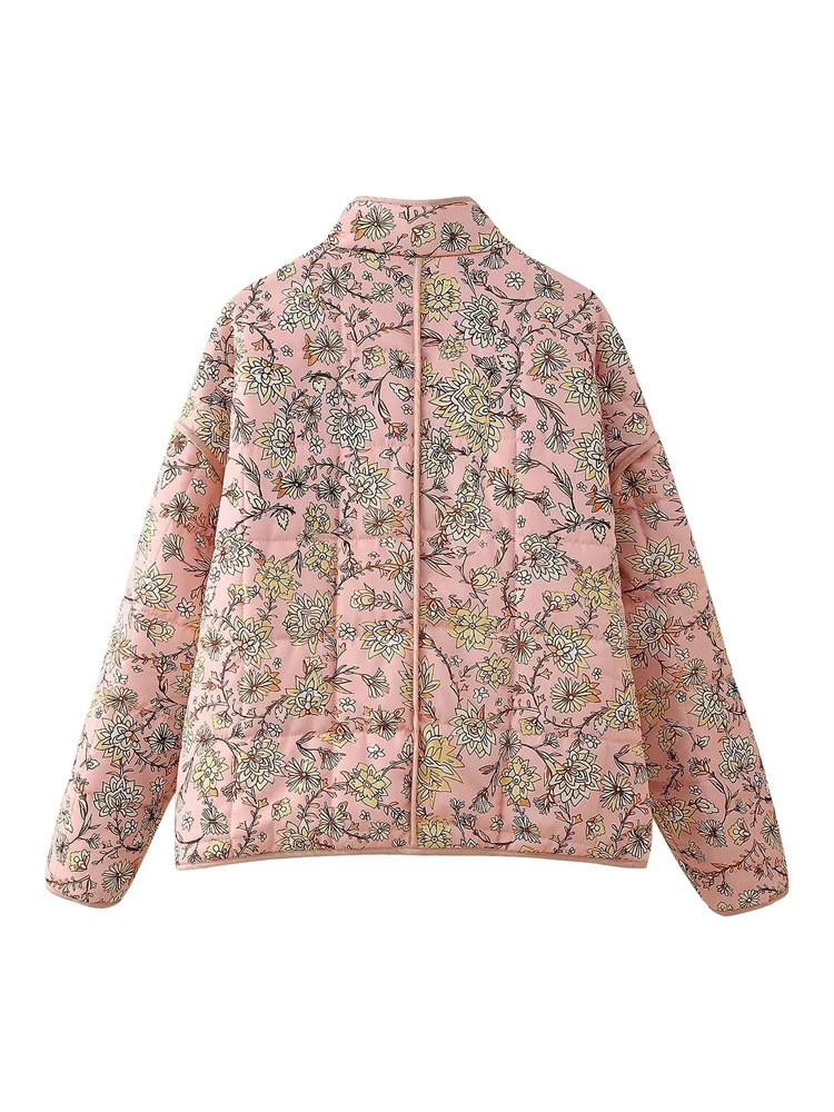 Elegant Flower Print Parkas for Women, Casual Two Pockets, High Collar, Long Sleeve, Loose Jackets, Female Outwear,  Autumn