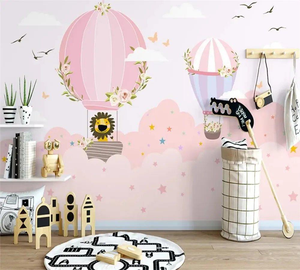 

Custom hand-painted cartoon cloud hot air balloon small animal children's room home decoration waterproof wallpaper murals