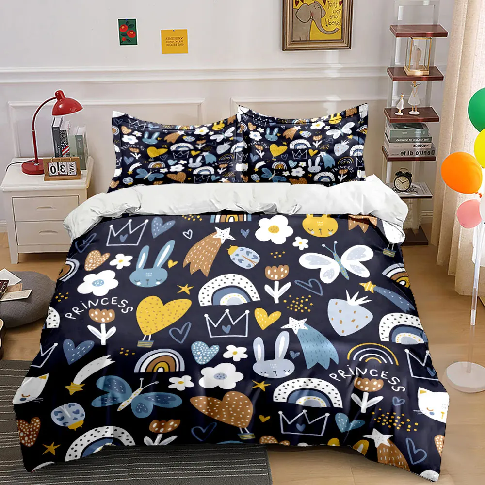 Whimsical Cartoon Elements Pattern Bedding Set for Kids Luxury Gift 3pcs Digital Print Comforter Set Soft Comfortable Breathable