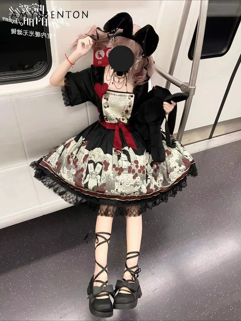 

Subculture Gothic Retro Print Op Long-sleeved Dress for Women Lolita Style Bow Belt Slim Ball Gown Dresses Punk Style Mini Dress