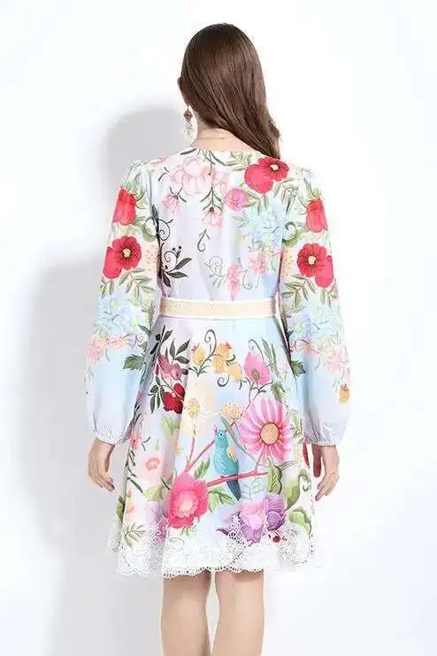 Luxury Floral Dress Women 2025 Summer Holiday Printed Flower Short Dresses Party Single Breasted Lace Hem Evening Vestidos