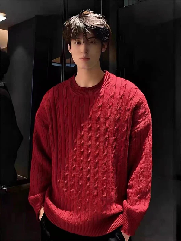 

Luy Year Red Thiened round Ne Knitted Sweater Men's Sle Autumn Winter Warm Lazy Overhead Boting Sweater American S...