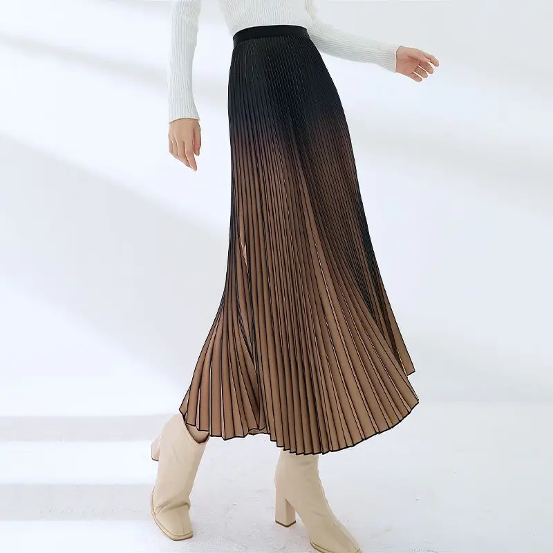 

Miyake High Quality Pleated New Women's Skirt Gradient Yellow Printting Elastic High Waist A-line Skirts Chic New Cloth