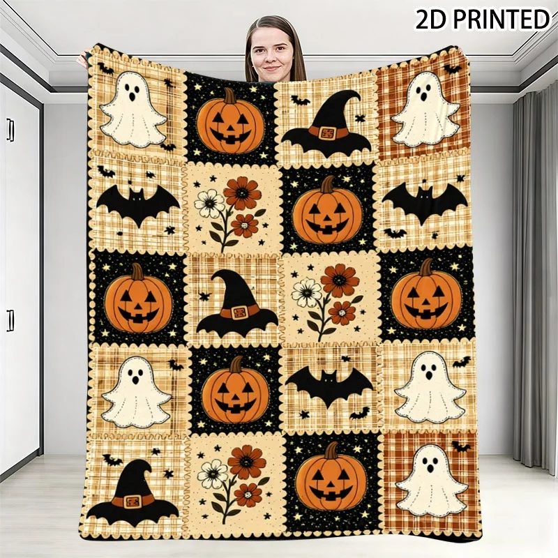 Whimsical Retro Halloween Patchwork Throw Blanket with Ghost, Pumpkin, Witch Hat & Bat Prints, Multiple Specifications Available