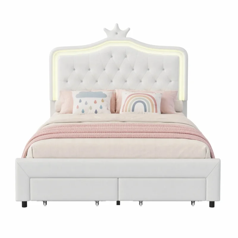 Rosahqnda Kinderbett 90/140x200 cm, Kinder-Einzelbett mit LED-Kopfteil, Prinzessinnen-Kronen-Design-Bett mit verstellbarem Kopfteil und Fußteil mit Schublade, PU, weiß, ohne Matratze