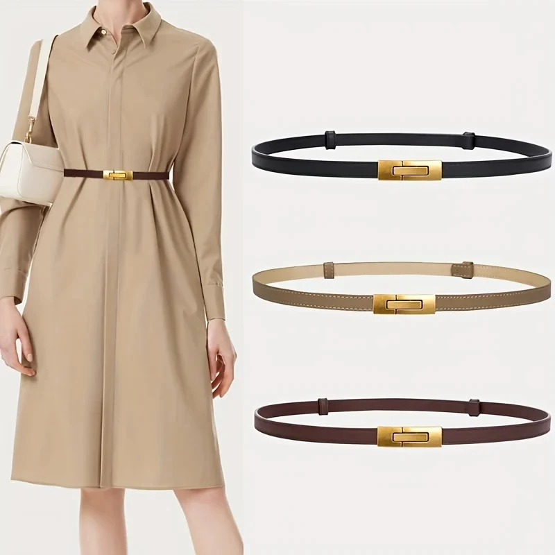 Adjustable Women’s Skinny Thin Belt, Classic Solid Color Genuine Leather Waistband for Trendy Coats and Dresses