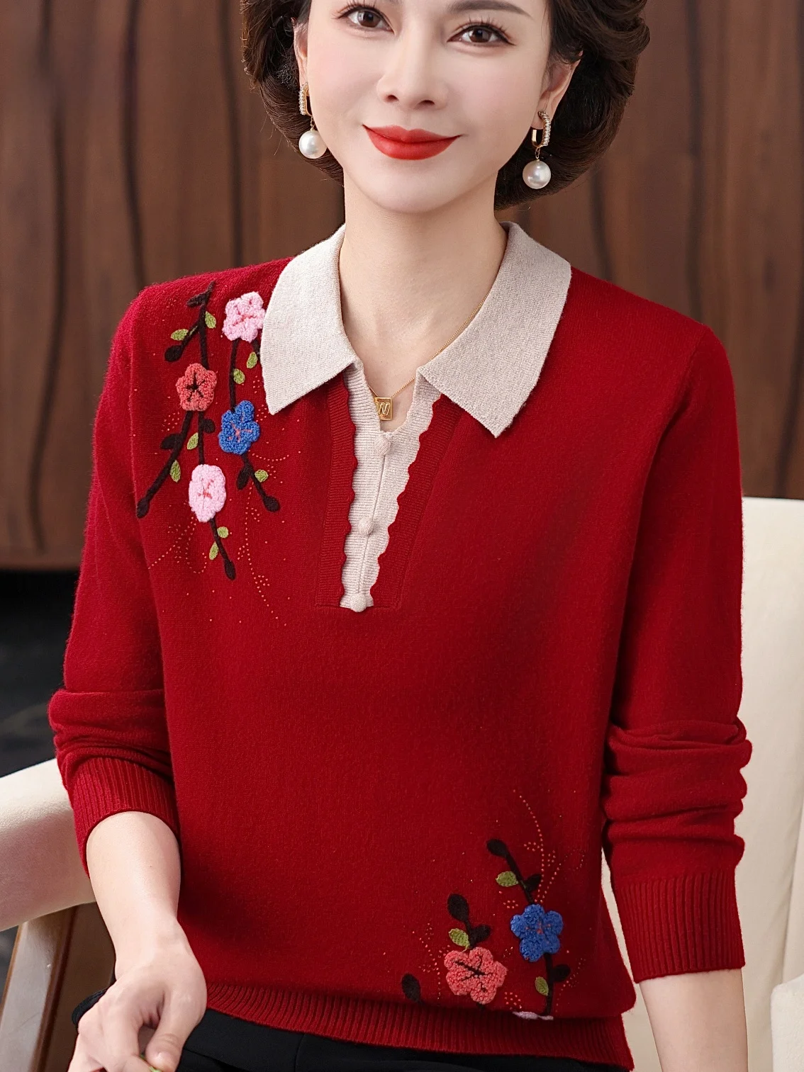 

Осень-зима модный вязаный свитер для женщин среднего возраста и ли с отложным воротником с вышивкой, теплый и уютный