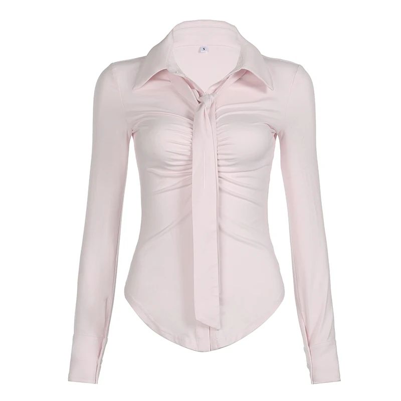 Darlingaga coreano dulce elegante camisa rosa mujer otoño ceñido al cuerpo pliegues en el pecho dobladillo curvo Top blusa Y2K Coquette tendencia estética