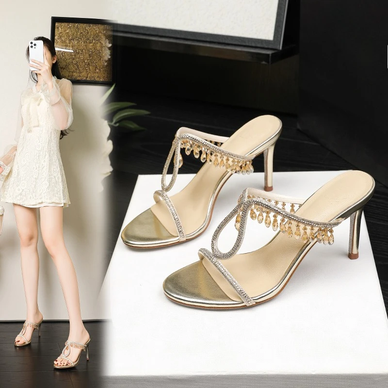 

Elegant Champagne High Heels Vulcanized Sandals Summer Slingback Rhinestone Pendant Ribbon Open Toe Party Sandals