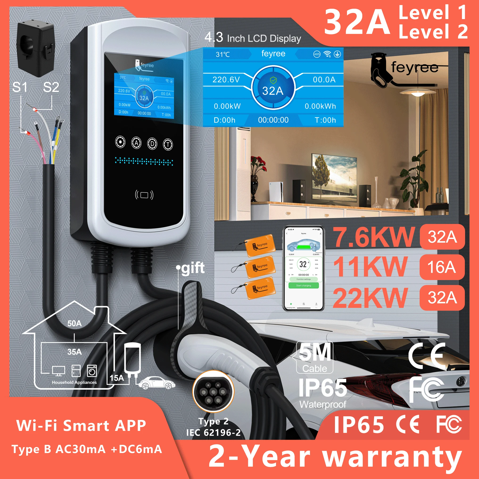 feyree Type2 EV Charger 4.3inch Screen 32A 7.6KW Dynamic Load Blancing 11KW 22KW 3Phase EVSE Wallbox APP with charge history