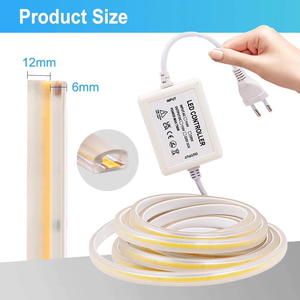 COB LED Strip Light 220V Waterproof 288LEDs/M Dimmable Touch Panel Control Flexible Ribbon Tape With EU Plug 3000K 4500K 6000K