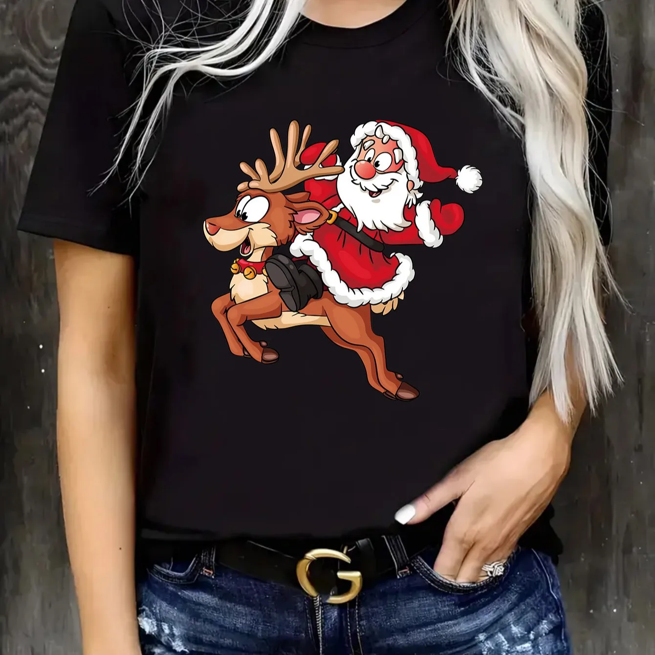 Camiseta con estampado de ciervo y Papá Noel para mujer, camisetas de manga corta con cuello redondo a la moda, ropa Harajuku Y2K para mujer