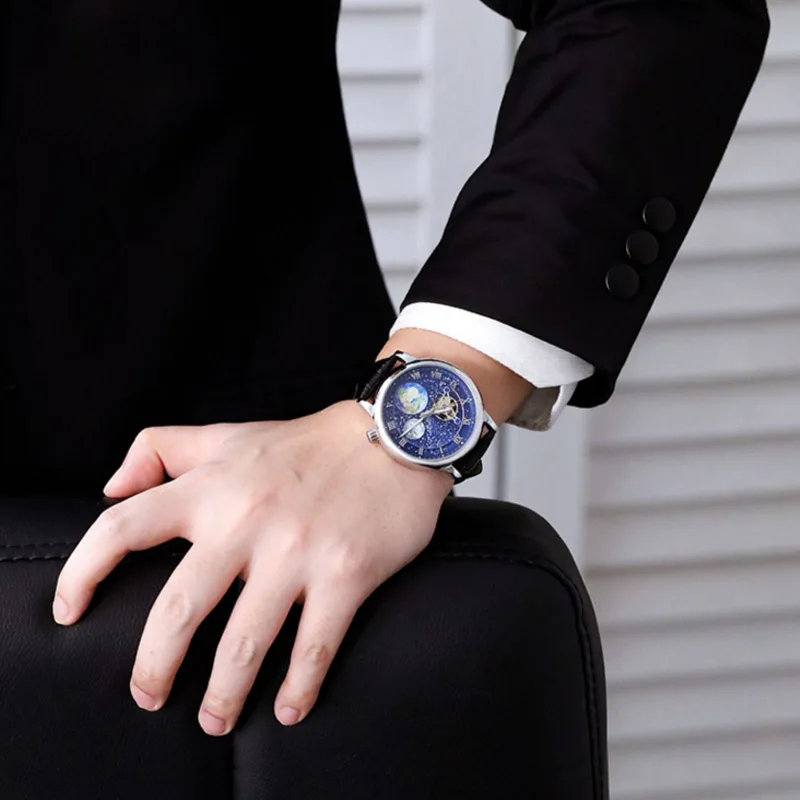 SKONE Rotating Earth Second Hand WristWatch Noctilucent Men Automatic Mechanical Watch Starry Sky Leather Watchband