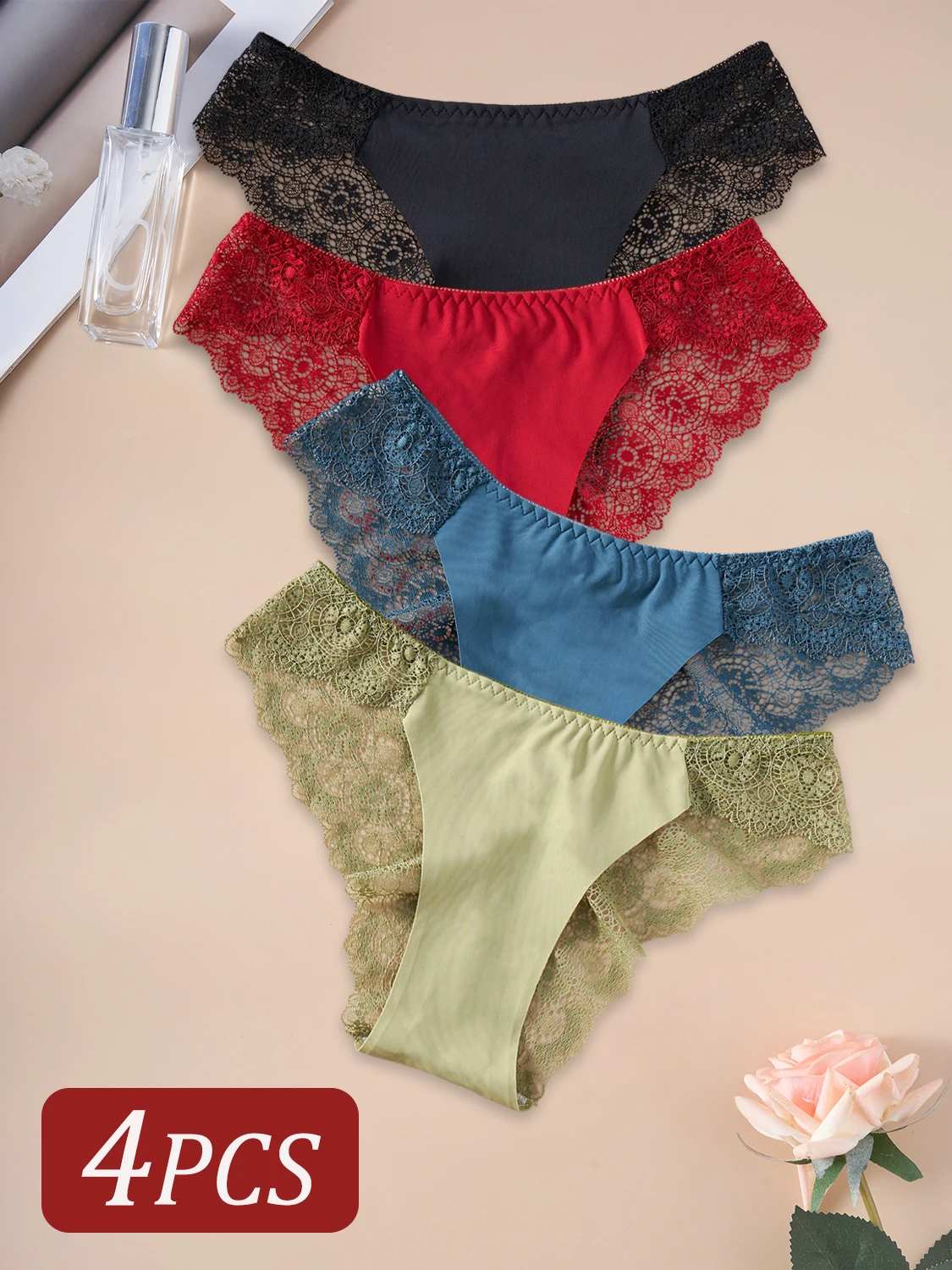 4 قطعة ملابس داخلية عصرية جديدة بلون واحد سراويل منخفضة الخصر للنساء مجوفة الأزهار الدانتيل المشذبة مثير ملخصات الملابس الداخلية الحميمة