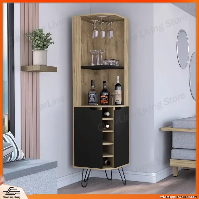 

Corner Bar Cabinet with 6 Built-in Wine Racks for Home Bar Storage Modern Wooden Bar Cabinet with Shelves and Doors for