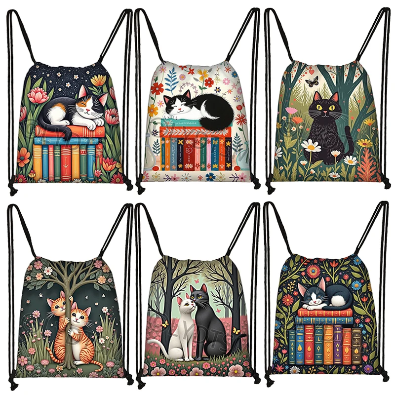 

Милый кот, спальный на книгах, сумка на шнурке с принтом, женские и мужские сумки для хранения большой емкости для путешествий, подростковые рюкзаки, подарок