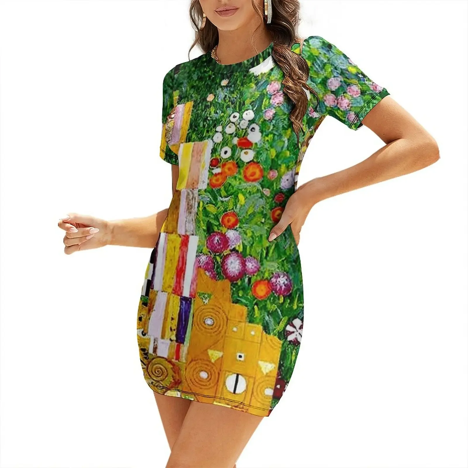 

Gustav Klimt ; Vintage 1917 Adele Bloch-Bauer in Garden Print Short-Sleeved Dress Women's summer dresses woman dress