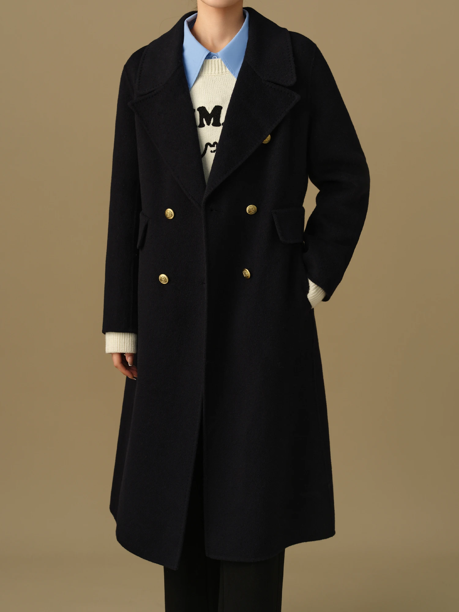 

DUSHU 100% Wool Women Long Navy Blue Woolen Jackets Big Turn-down Collar Double Breasted Straight Winter Wool Coats 24DS84266