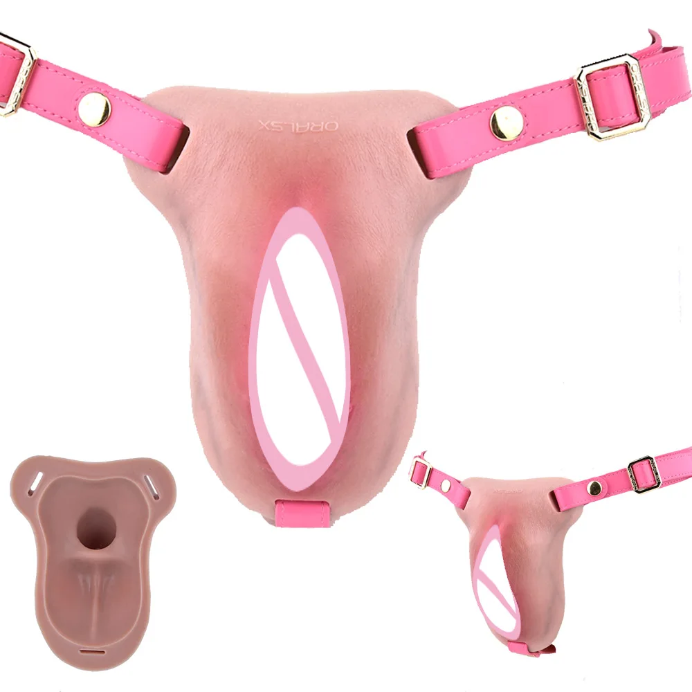 ORALSX Thick Insertable Fake Vagina Clitoris Pads Silicone Pussy Cock Cage Men's Hiding Gaff for Transgender Sex Toy Adult