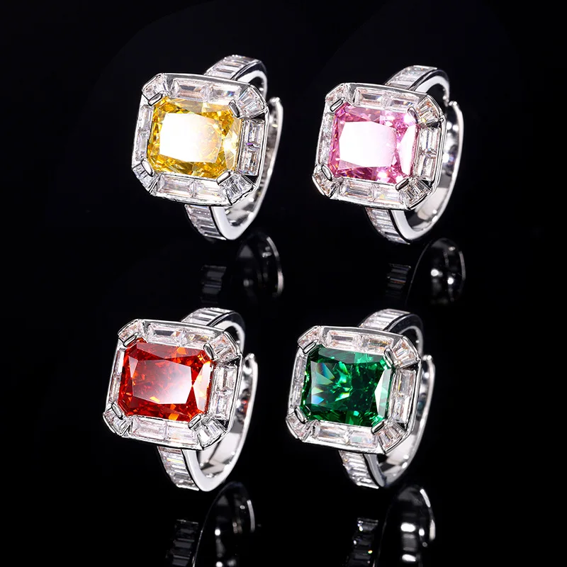 

8x10mm Rectangle Shape Yellow Pink Red Green Crushed Ice Cut High Carbon Diamond 5A Cubic Zircon Ring