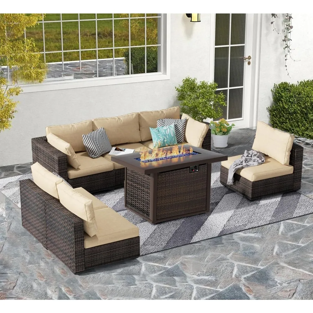 7Piece Patio Furniture Set with Fire Pit Table,Rattan Outdoor Sectional Patio Conversation Sets with Seat Cushions for Backyard