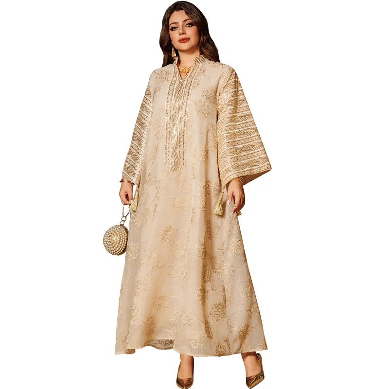 Abito sofisticato Abito bohémien ricamato con nappe Abito a maniche lunghe ispirato al retrò Abito fluido elegante romantico