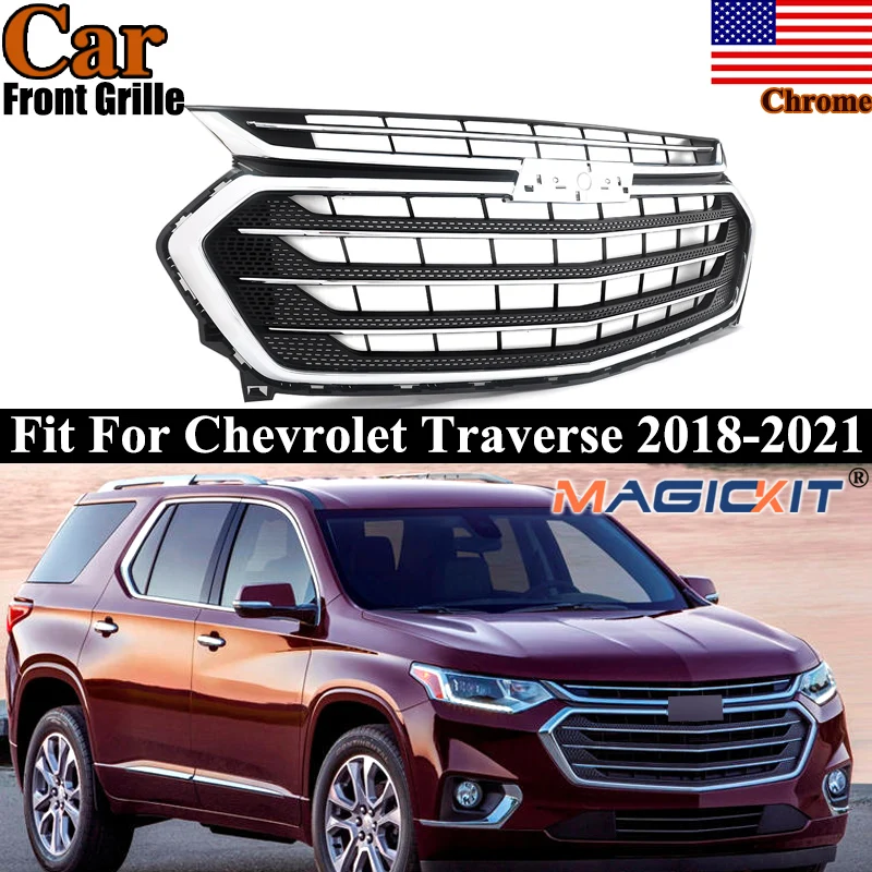 new Chrome Front Grill Assembly Replace，Chevrolet Traverse 2018-2021 Front Bumper Upper Grille Air Inlet Mesh Grills Aftermarket