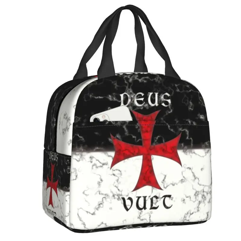 Deus Vult Crusader Cross In Marble Insulated Lunch Bags for Camping Travel Knights Portable Thermal Cooler Bento Box Women Kids