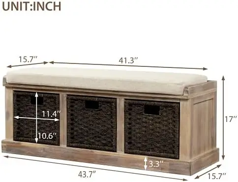 Harper&Bright Designs Rustic Storage Bench 3 Removable Baskets, Shoe Bench Removable Cushion (White)