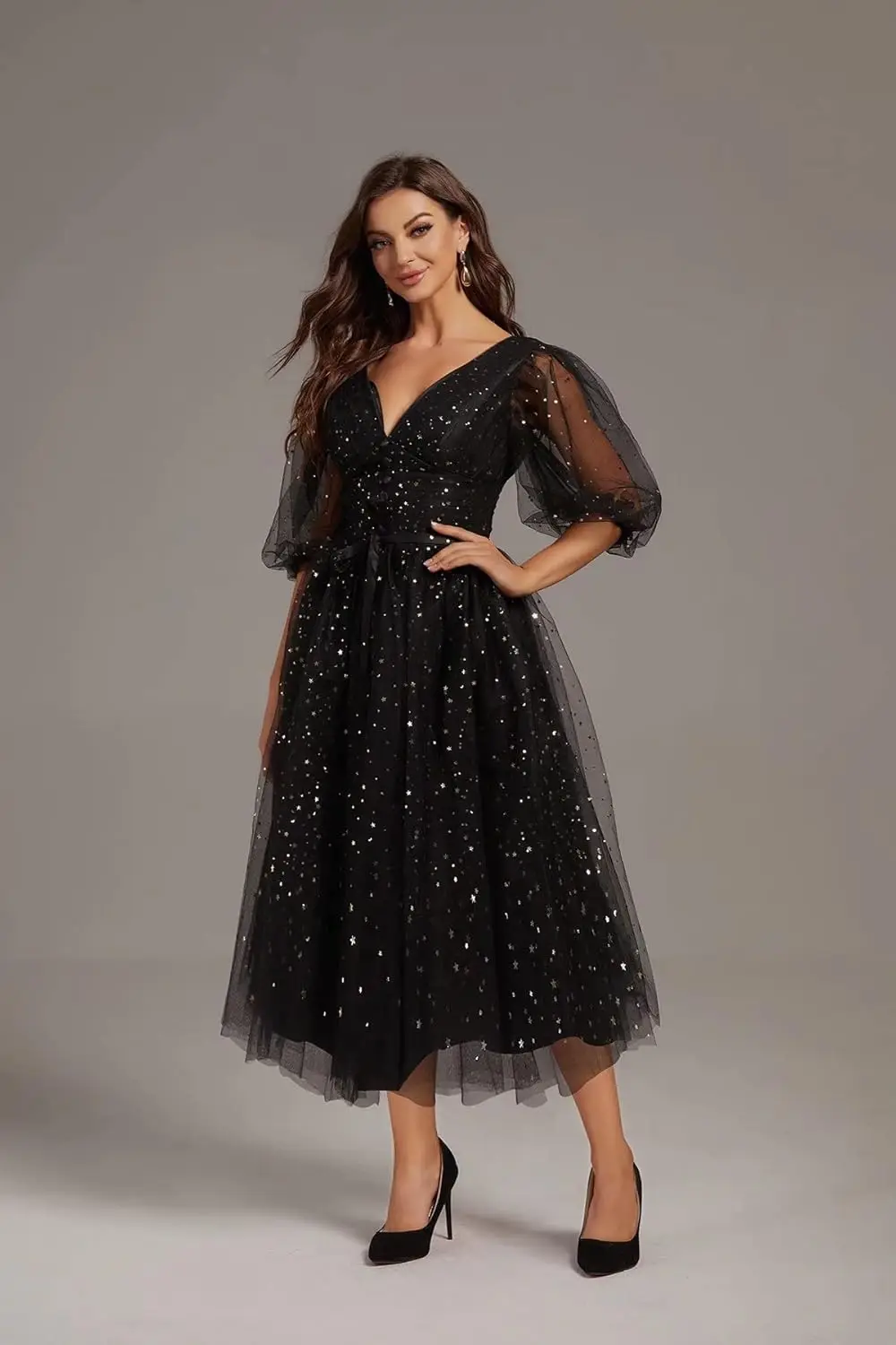 ชุดราตรีผ้าทูลล์แต่งดาวระยิบระยับสำหรับผู้หญิง แขนพอง ผ่าข้าง ชุดออกงานกลางคืน ชุดงานพรอม ชุดเดรสหรูหราสำหรับงานกลับบ้าน