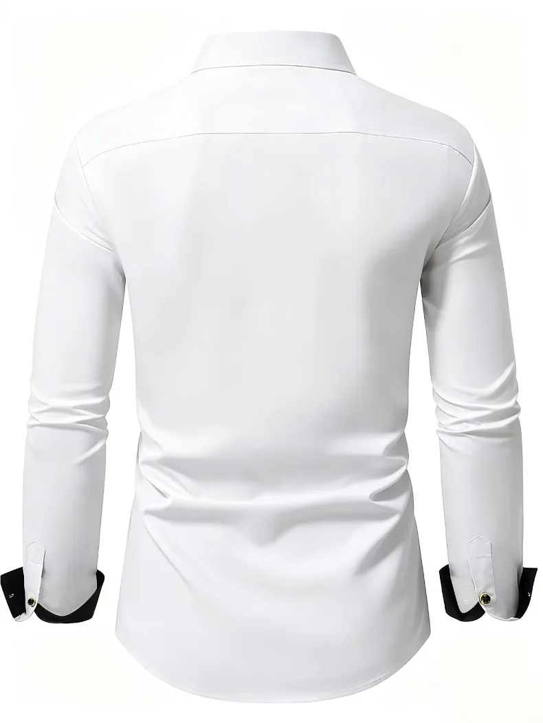 FGKKS Herrenhemd Brandneues Herren-Modehemd in Mehrfarbigem Patchwork-Design mit Langen Ärmeln und Elastischem Bund Smart Casual Männerhemd in Weiß – Detail 12