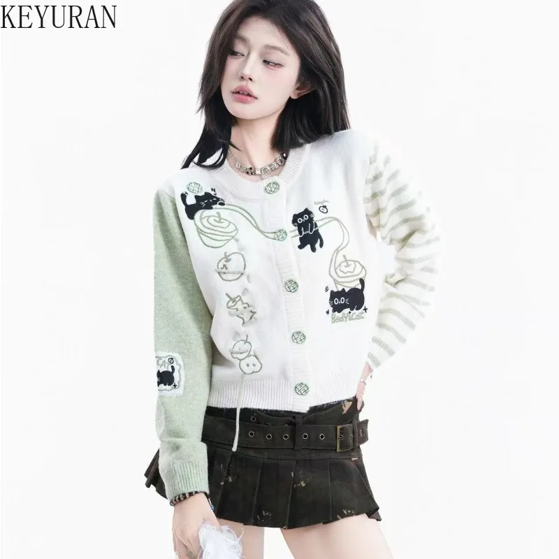 

American Retro Cartoon Cat Embroidery Color Blocking Knit Cardigan Sweater Women's Round Neck Long Sleeve Loose Casual Outerwear