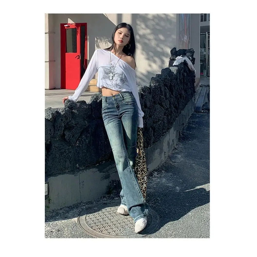 

High Waist Slimming Floor-Length Micro Flared Denim Jeans Women's Spring Autumn Faion Casual Cotton Polyester Blend