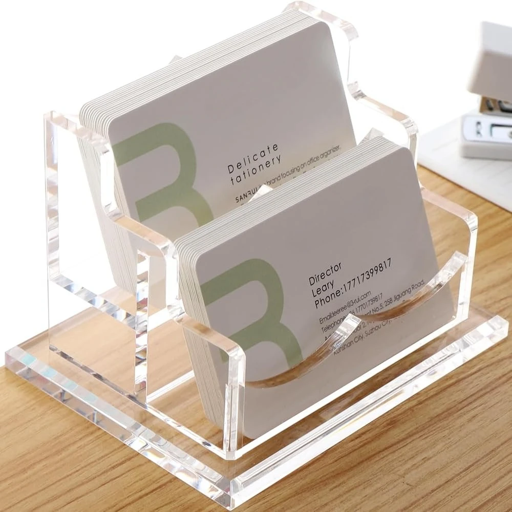 

Держатель для визиток на стол, прозрачный акриловый горизонтальный держатель для визиток, подставка для визиток с 2 слотами (Патент №)