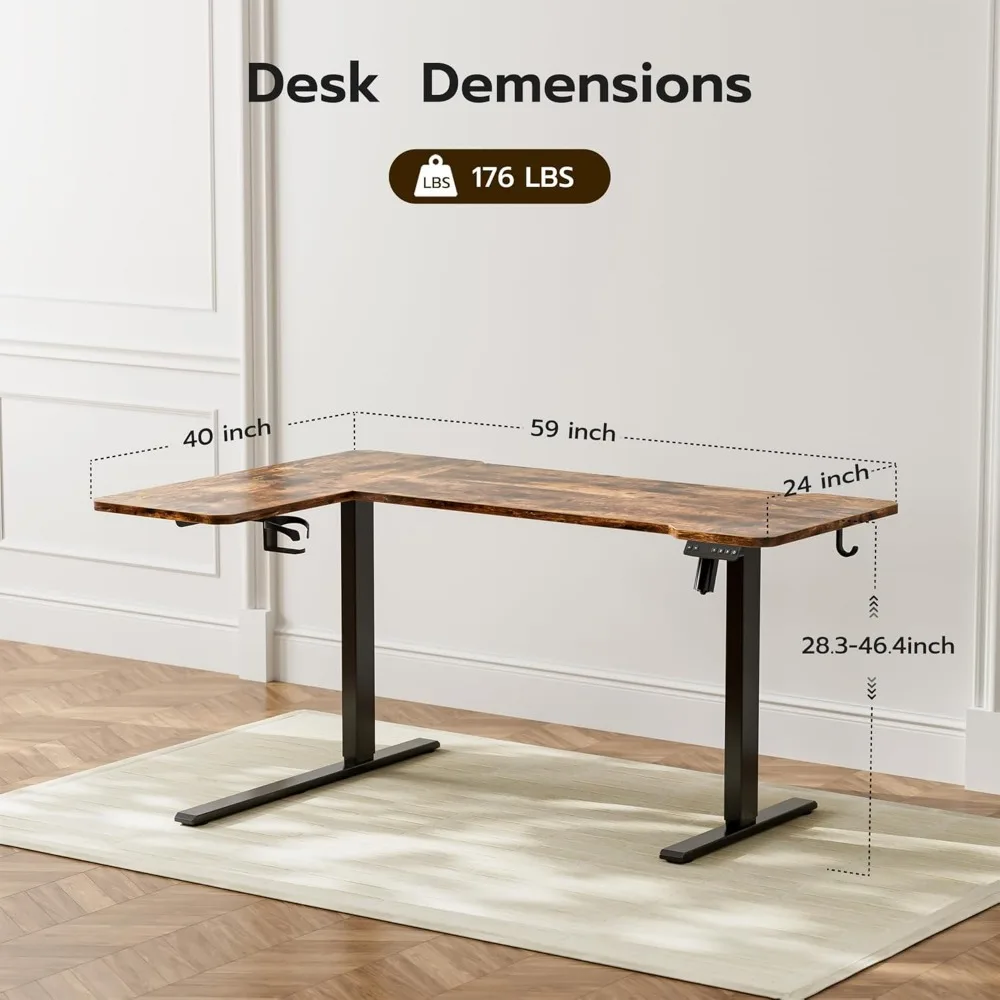 59 Mesa elétrica em forma de L, mesa de canto de altura ajustável, mesa de computador de suporte para sentar com divisão reversível