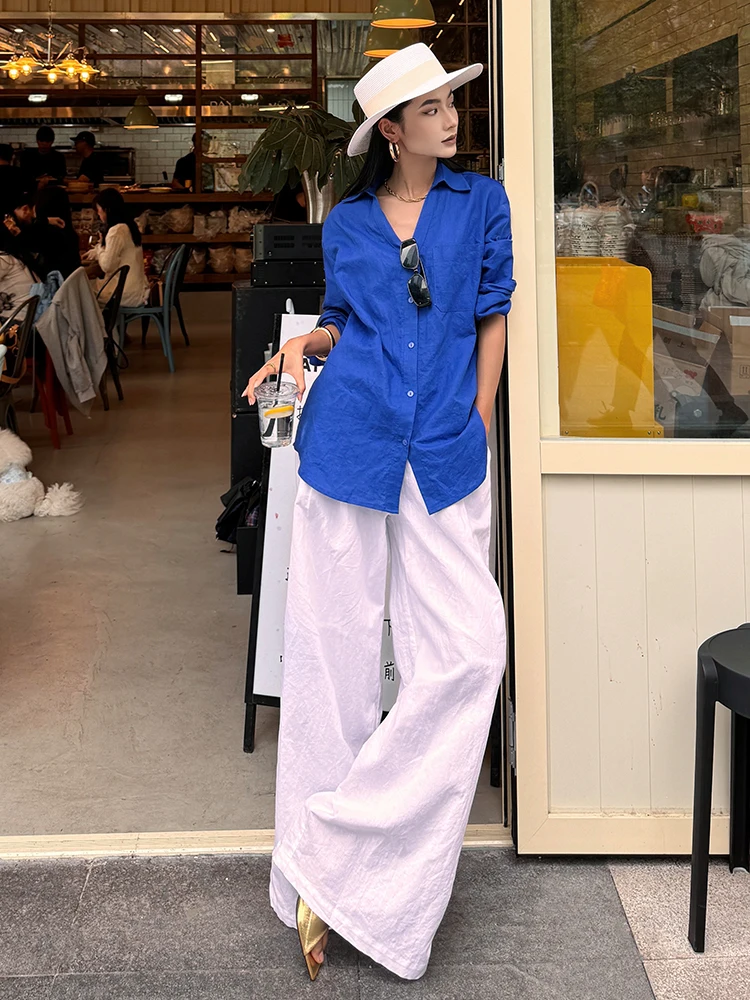 

CIZZLEMORE Comfortable Linen irt Collar V-ne Adjustable Sve Comfortable Outerwear Pure Blue And White Korean Sle Loo...