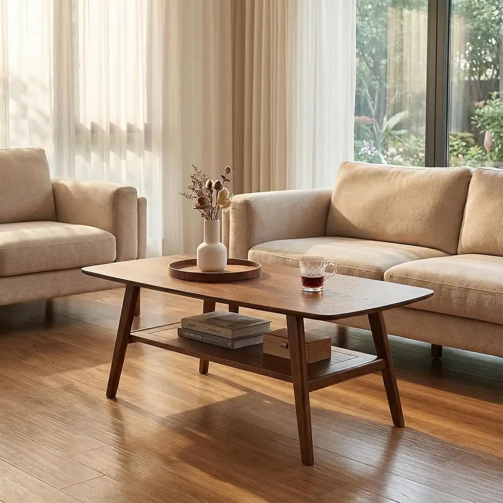 

Двухуровневый журнальный столик из 100% массива дерева - мебель для гостиной с функцией хранения, простая сборка, цвет орех, 39.37