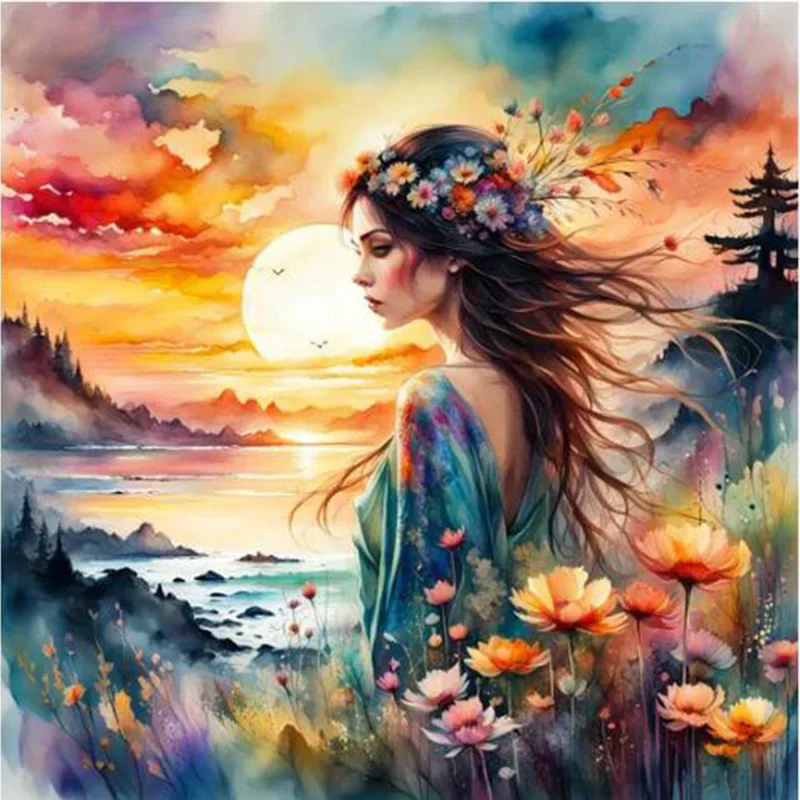 

AB Diamond Cross Embroidery Anime Princess Watching Scenery 5D DIY Diamond Embroidery Water Diamond Painting Diamond Painting