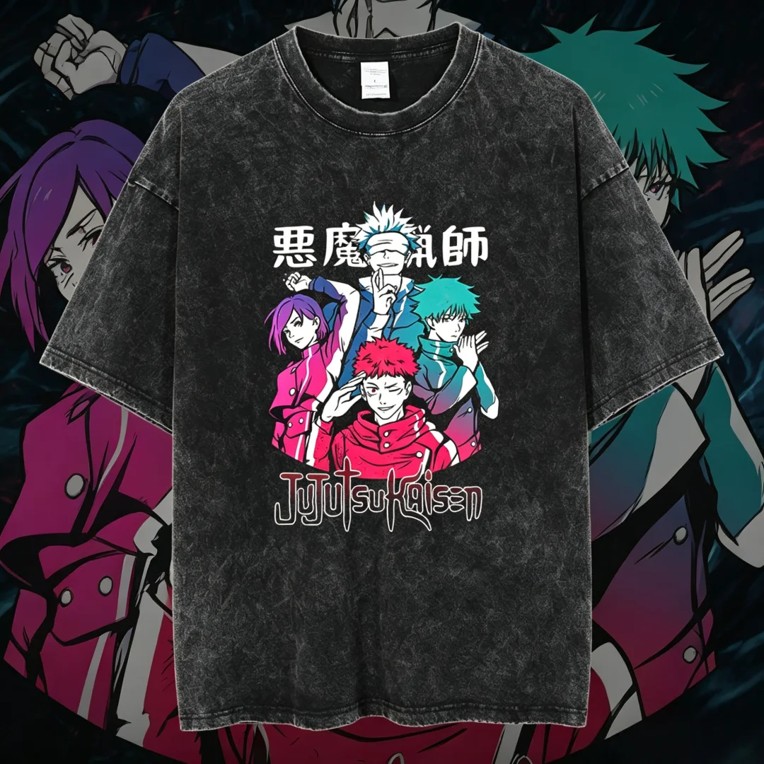 Camiseta Vintage 2026 con Lavado Ácido, Diseño Gráfico de Todos los Personajes de Jujutsu Kaisen, Camiseta de Anime para Hombre, Estilo Urbano, Holgada, Manga Corta, Informal